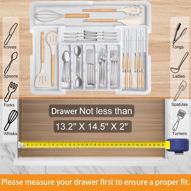 Homecor Silverware Organizer for Kitchen Drawer, Expandable Utensil Drawer Organizer with 2 Knife Block, Flatware and Cutlery Holder, Adjustable Plastic Storage for Spoons Forks Knives - Image 5